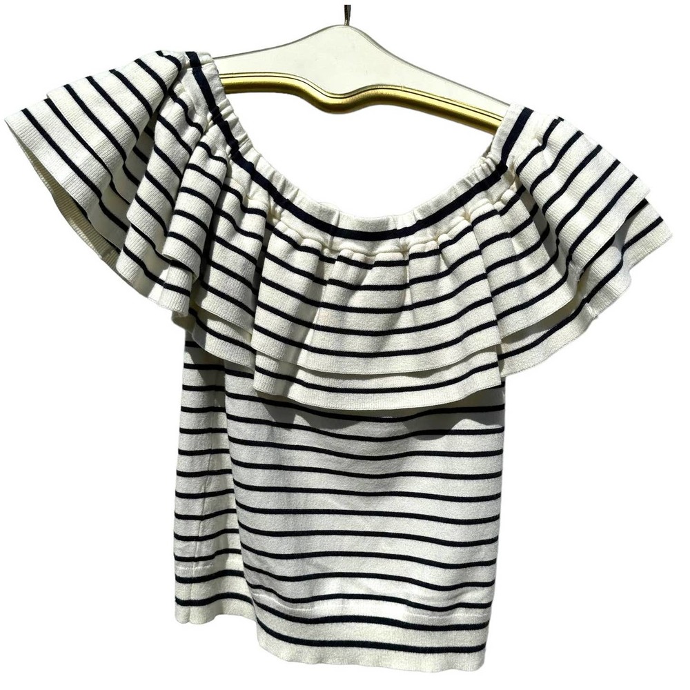 J. Crew - Off the Shoulder Striped Knit Top w/Double Ruffles, White/Black, SizeS
